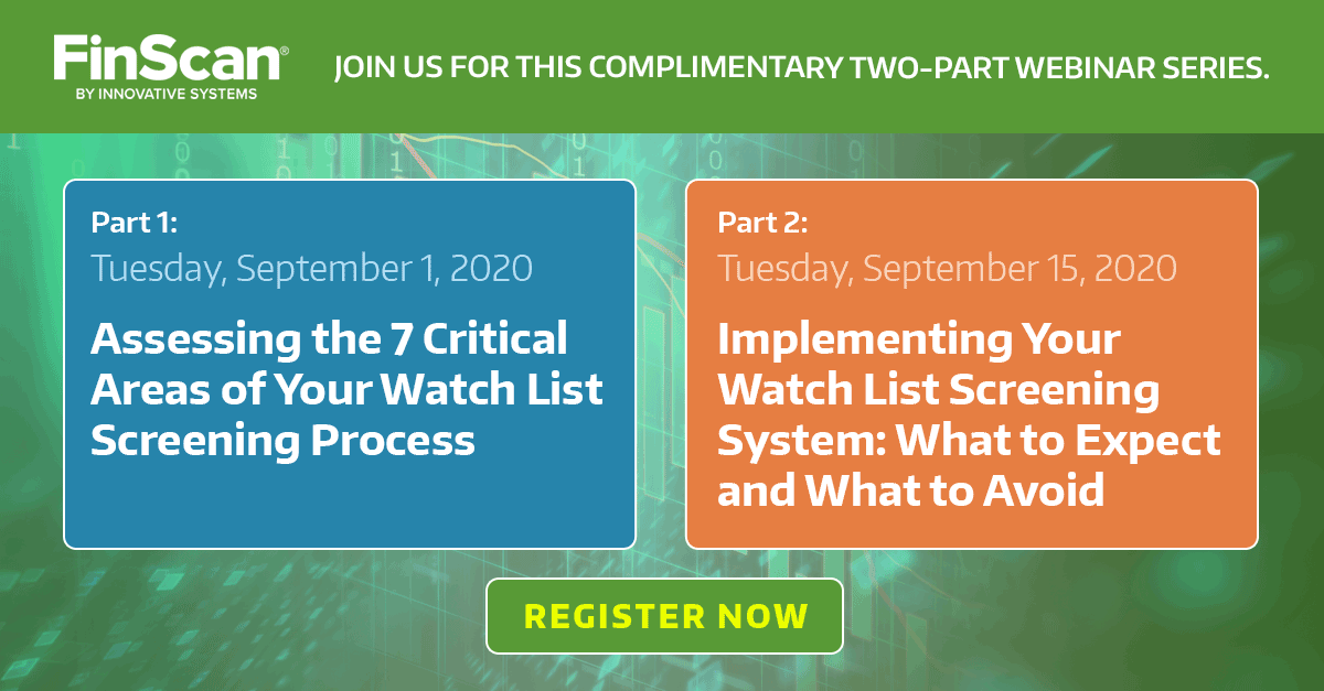 FinScan's tweet photo. Join Kieran Holland as he shares best practices for assessing and implementing an effective watch list screening process. Register now: https://t.co/7LPG47vD0S https://t.co/5qsPIj6CZy