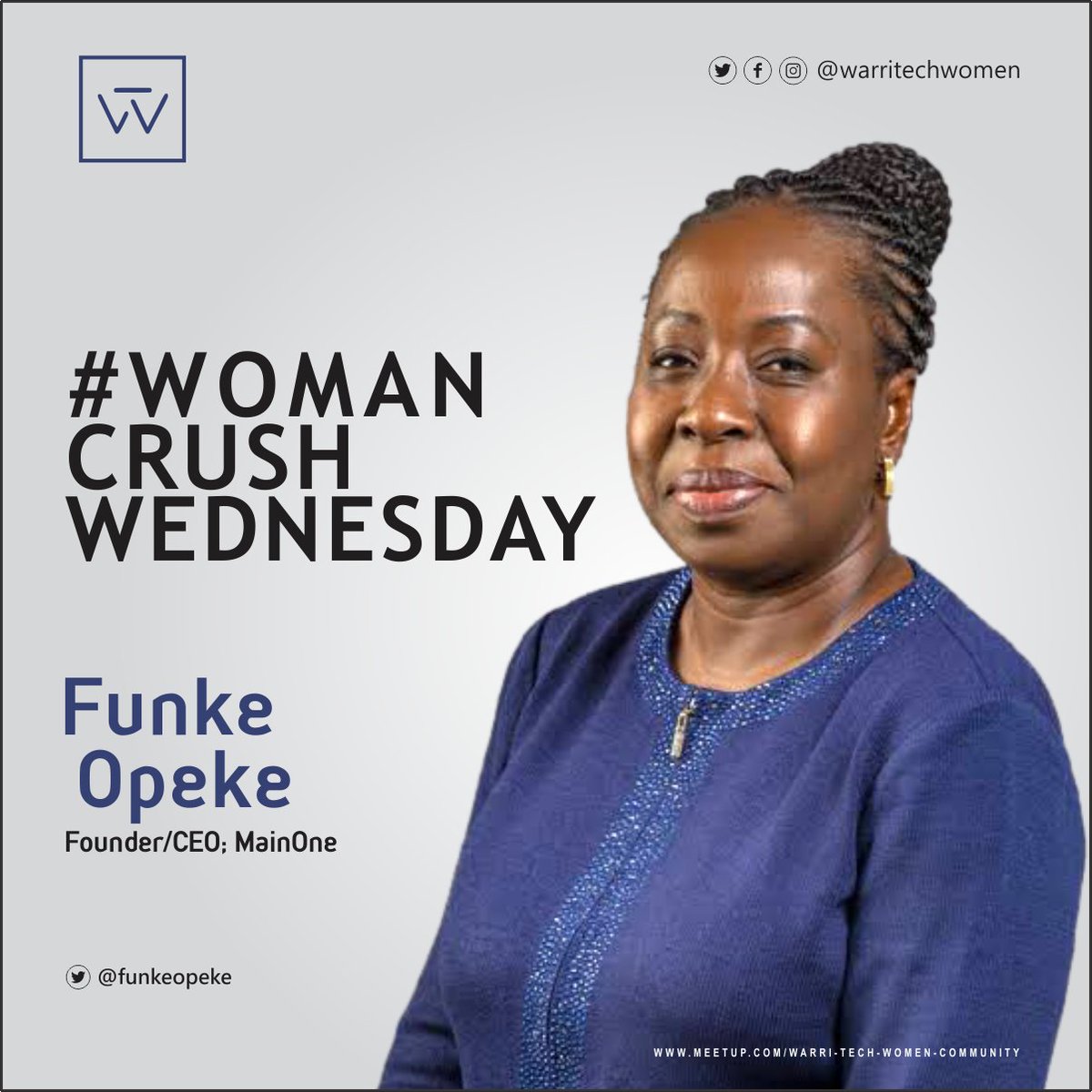 Warri Tech Women (@warritechwomen) on Twitter photo Meet Funke Opeke (<a href="/funkeopeke/">Funke Opeke</a>), founder and CEO <a href="/Mainoneservice/">MainOne, Solutions by Equinix</a>, a communication service company, delivering innovative telecoms and network solution to companies.
She's our #WCW for this week. She's passionate about improving the Internet Services in West Africa.
#WTWCrush๐ Meet Funke Opeke (<a href="/funkeopeke/">Funke Opeke</a>), founder and CEO <a href="/Mainoneservice/">MainOne, Solutions by Equinix</a>, a communication service company, delivering innovative telecoms and network solution to companies.
She's our #WCW for this week. She's passionate about improving the Internet Services in West Africa.
#WTWCrush๐