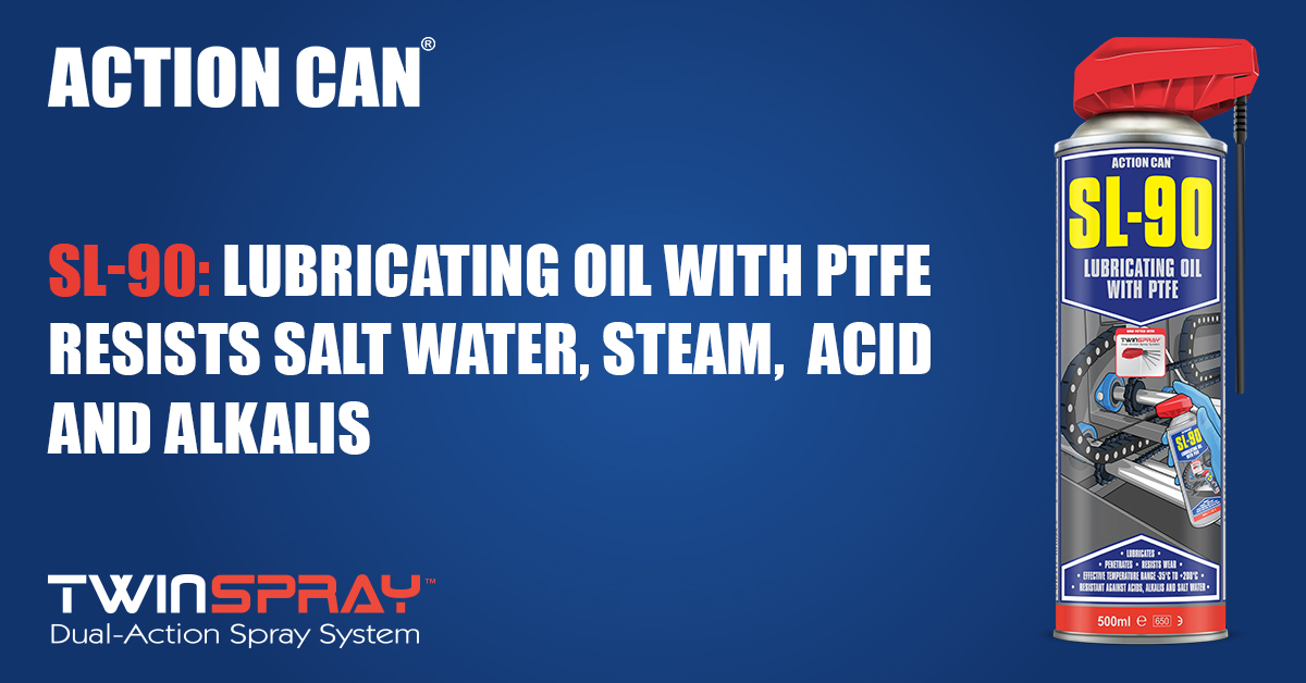 ActionCanPro's tweet photo. SL-90 TwinSpray, a lubricant with added PTFE, provides excellent temperature and pressure resistance. Rapidly penetrating, SL-90 thickens to form a film against salt water, steam, acid and alkalis. https://t.co/hrYFtb0x0Z