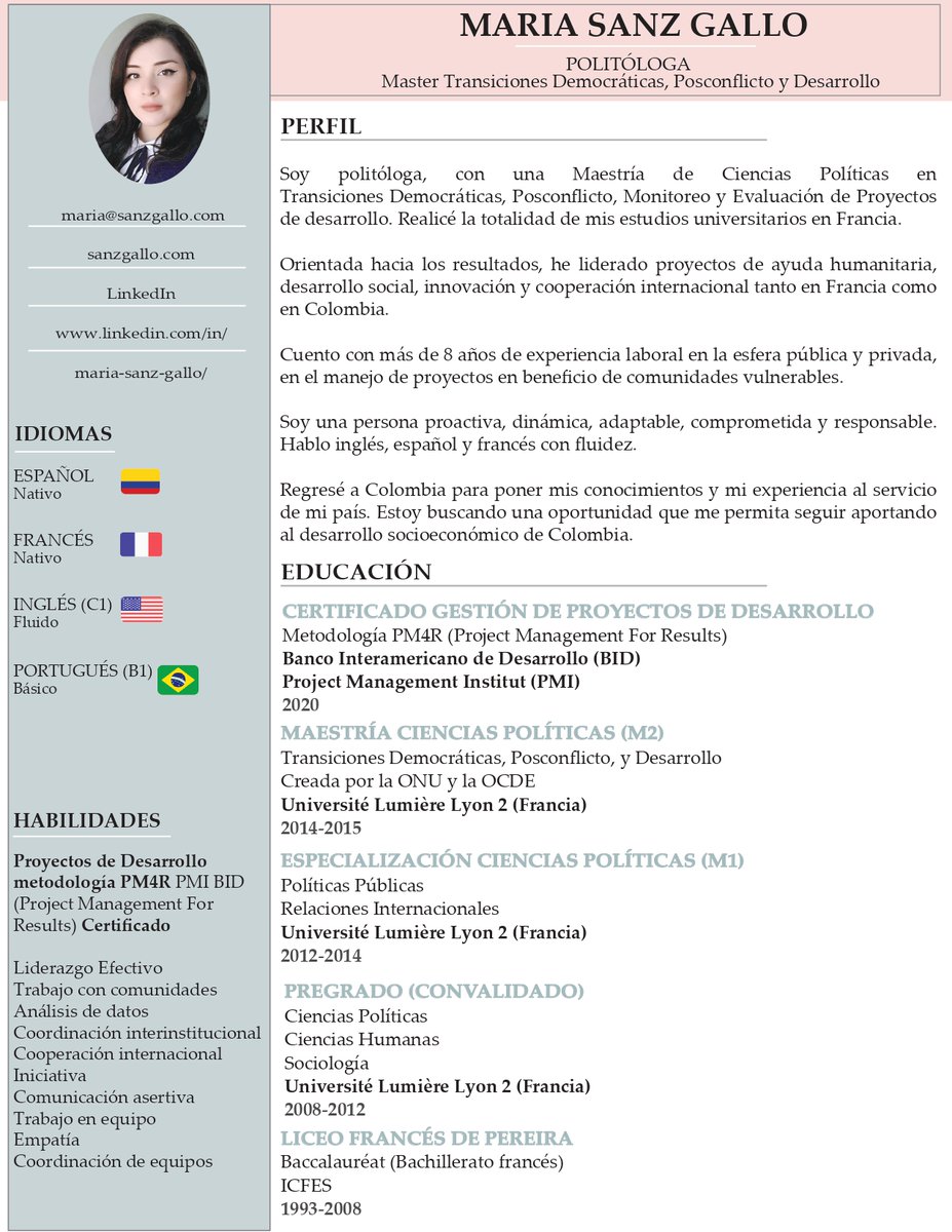 DrRomainBrunel's tweet image. Mi esposa lleva meses buscando empleo.
Les agradezco el retuit para ayudar a difundir su perfil.
Políglota (🇫🇷🇬🇧🇨🇴🇧🇷), graduada de la Universidad de Lyon en Francia: Pregrado en Ciencias Políticas y Relaciones Internacionales, Maestría en Posconflicto. 
Su experiencia en hilo🧵👇