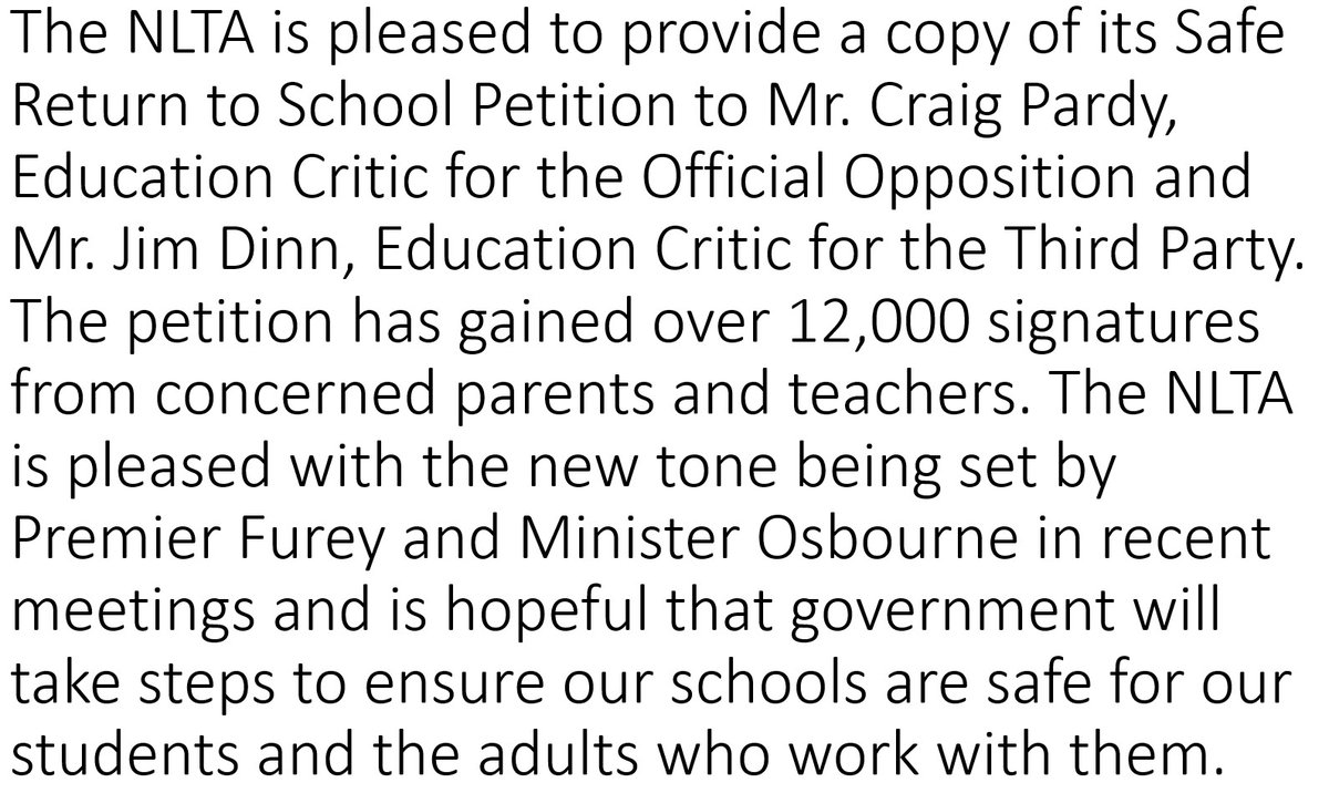 dean_ingram's tweet photo. NLTA releases Safe Return to School Petition.  @NLTeachersAssoc @EDU_GovNL @PremierofNL @TomOsborneMHA @VOCMNEWS @CBCNL @StJohnsTelegram @drewfoundland @VOCMOpenline @cbcnfldmorning @sjmorningshow https://t.co/lzCXwNKXHu