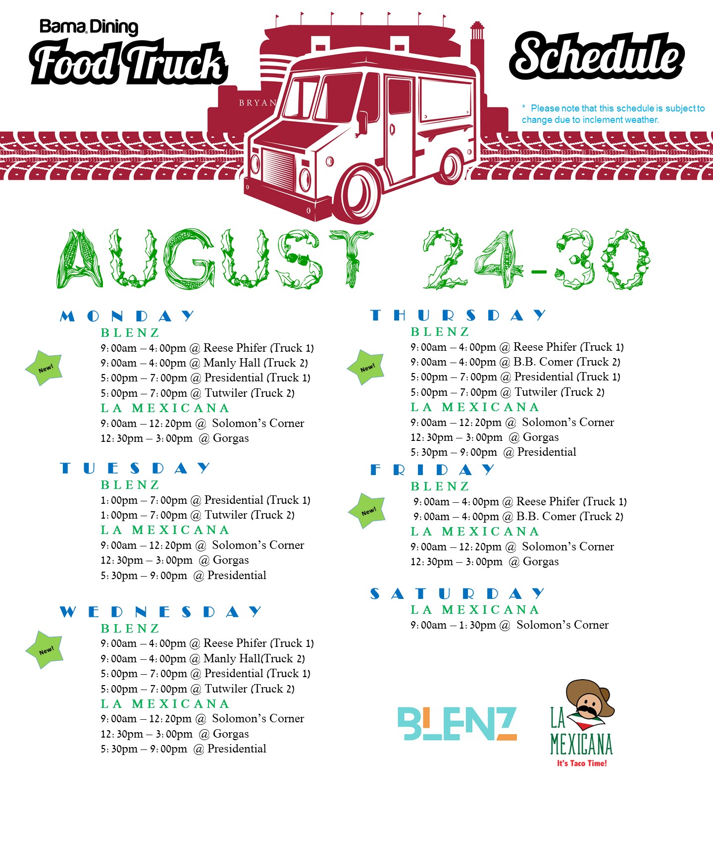 Bama Dining On Twitter Food Truck Schedule Update