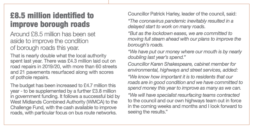 criticalmassbc's tweet photo. They have identified £8.5 million to improve borough roads this year, but no mention on whether this will include #activetravel as per the government proposals. It must include some improvements to active travel @mikejwood @dudleymbc @SustransWMids https://t.co/exrojrTAri
