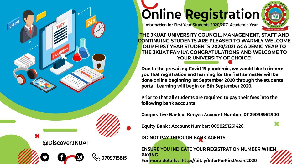 Discover JKUAT (@discoverjkuat) on Twitter photo To our 2020/2021 First year students:
The JKUAT University Council, Management and Staff are pleased to warmly welcome all our first year students to the JKUAT family. Congratulations and welcome to your University of Choice! ^DP To our 2020/2021 First year students:
The JKUAT University Council, Management and Staff are pleased to warmly welcome all our first year students to the JKUAT family. Congratulations and welcome to your University of Choice! ^DP
