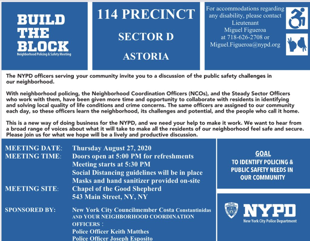 NYPD114Pct's tweet photo. #Astoria #LIC, join your Neighborhood Coordination Officers Esposito &amp; Matthes for a Build the Block meeting, on Thursday, August 27, 2020 at the Chapel of the Good Shepherd (543 Main Street) at 5:30pm. They will be there to address any issues or concerns that you may have. https://t.co/8IMqYxYdbu