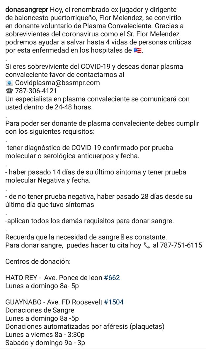 787-306-4121 para donar  #plasma  #convaleciente La demanda semanal x  #hospitales es sobre 900 pintas = 900  #donantes solo se colectan 47-93 diariasEso solo cubre un 55%:Casos críticos.Tu donación  #salva  #Vidasabiertos los 7 días  #COVID19  #puertorico   #ELRelajoLaX