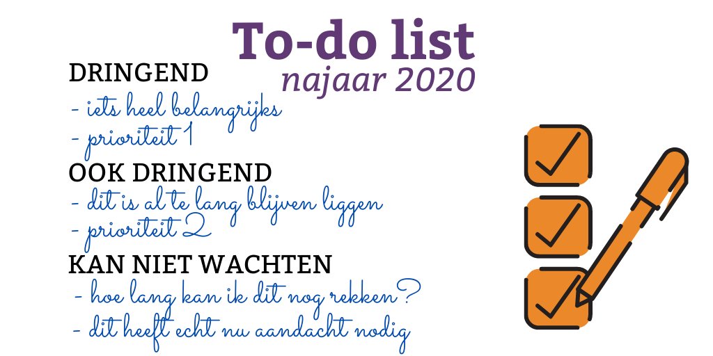 prima_content's tweet image. Heb jij een to-do list waar geen einde aan lijkt te komen? Tijdens de workshop 'Klaar voor het najaar' werken we met jouw to-do list en gebruiken we verschillende manieren om samen tot oplossingen en handvatten te komen voor jouw situatie. Meer info: prima-donna.nl/workshops-naja…