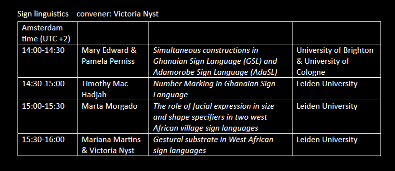 DeafStudiesLUCL's tweet photo. TALKS:
@MaryEdward11 &amp; @pernipa: Simultaneous constructions in GSL &amp; AdaSL
T. Hadjah: Number Marking in GSL 
@marta_morgado: Role of facial expression in size &amp; shape specifiers in 2 West African village SLs
@marianmartin_19 &amp; @victorianyst: Gestural substrate in West African SLs https://t.co/xH6kJK3lYk
