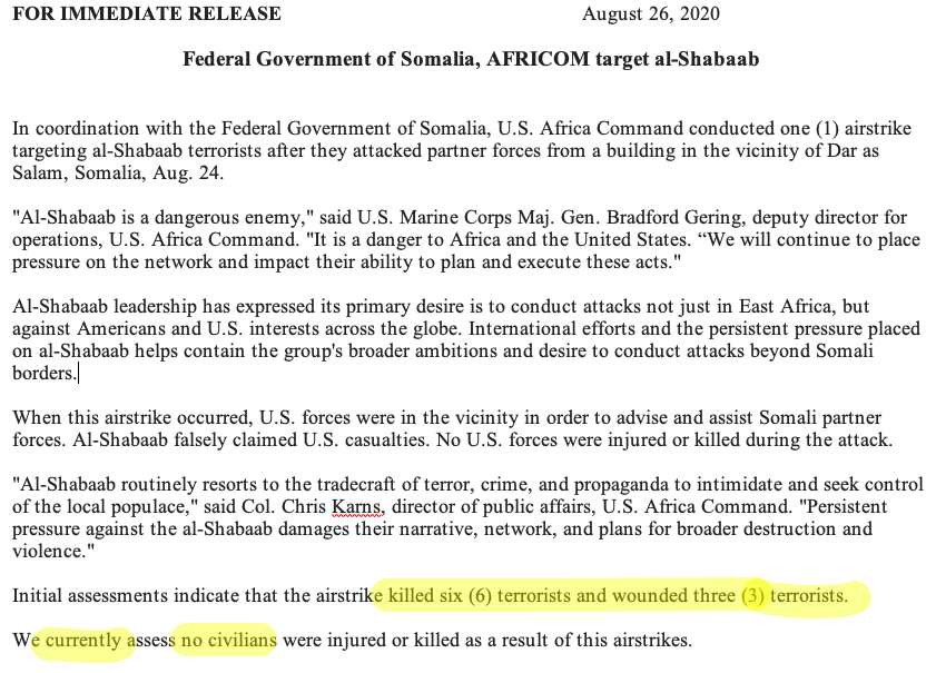 Meanwhile in Somaliaunusually large strike: 6 EKIA and 3 wounded