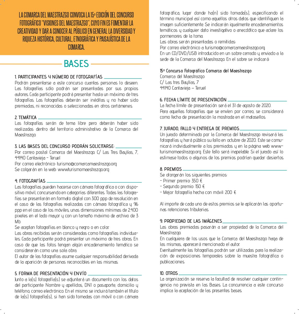 Com_Maestrazgo's tweet photo. 📸 Última semana para presentar tus imágenes al Concurso de Fotografía Maestrazgo 📸

🗓️ La fecha límite de presentación es el 31 de agosto de 2020

✅ Las fotografías serán de tema libre pero deberán haber sido realizadas en la Comarca del Maestrazgo

❇️ Bases completas ⬇️ https://t.co/aIT9v4VuRP