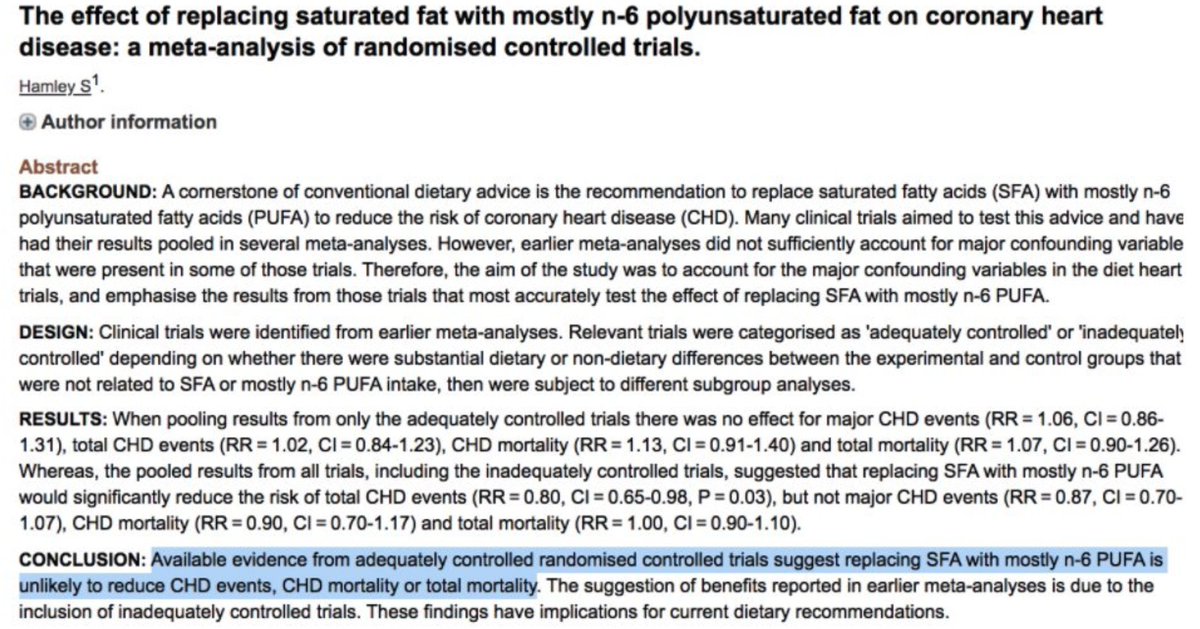 RCT: Replacing Saturated Fat with Polyunsaturated fats (This was the govt recommendation)“Available evidence from adequately controlled randomized controlled trials suggest replacing SFA with mostly n-6 PUFA is unlikely to reduce CHD events, CHD mortality or total mortality.”