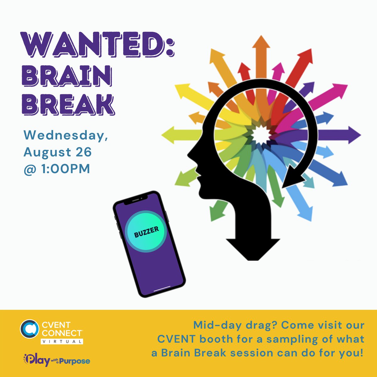 COME PLAY TODAY!! Join our Virtual Booth for a BRAIN BREAK. Don't let zoom fatigue wear you down, come PLAY with us. Here is a link to our Zoom Room - Join us for the 1:00PM (EST) game! Link: ow.ly/deBA50B7KdY