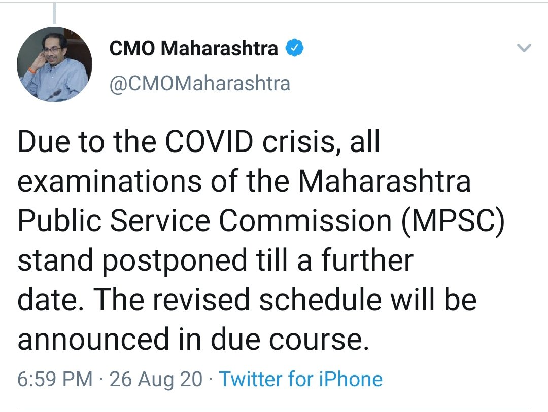 Mojo Story Maharashtra Cm Uddhav Thackeray Cmomaharashtra Announces Postponement Of The Maharashtra Public Services Commission Mpsc Exams Due To The Covid19 Pandemic T Co 8vtqwnv1ho