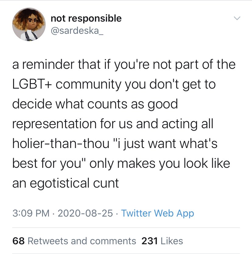 had a problem with that and the issue with them saying that only LGBT people can talk about representation are the same people who’ll talk about Adam abuse even though they’ve never been in an abusive relationship as far as I’m aware, and I love how all of never list a reason