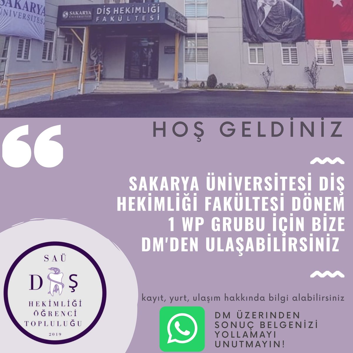 HOŞGELDİNİZ !
Dönem 1 öğrenci arkadaşlarımız için WhatsApp grubu hazırlandı, katılmak isteyenler dm yoluyla bize ulaşabilirler 
#ACIKLANDI #yks2020 #dişhekimliği #sakaryaüniversitesi