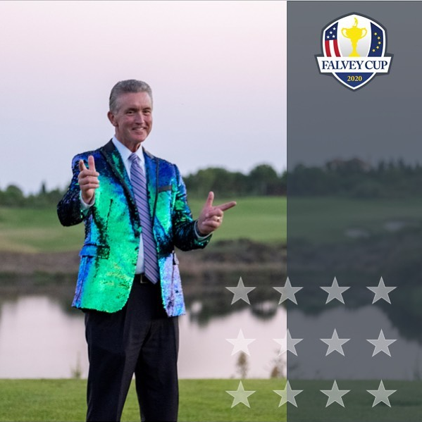 FalveyCup's tweet photo. From his dapper style (look at those sequins) to his quick wit, we know everyone is looking forward to seeing @RussHiLights  back behind that microphone at the #FinalFalveyCup and throwing it “Back to the Booth!”
#FalveyCup #Golf #Golfing #GolfTournament #GoodFriends #GoodGolf https://t.co/DMpLxZsQGg