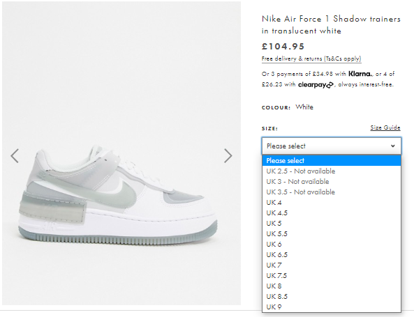 nike air force 1 shadow trainers in translucent white