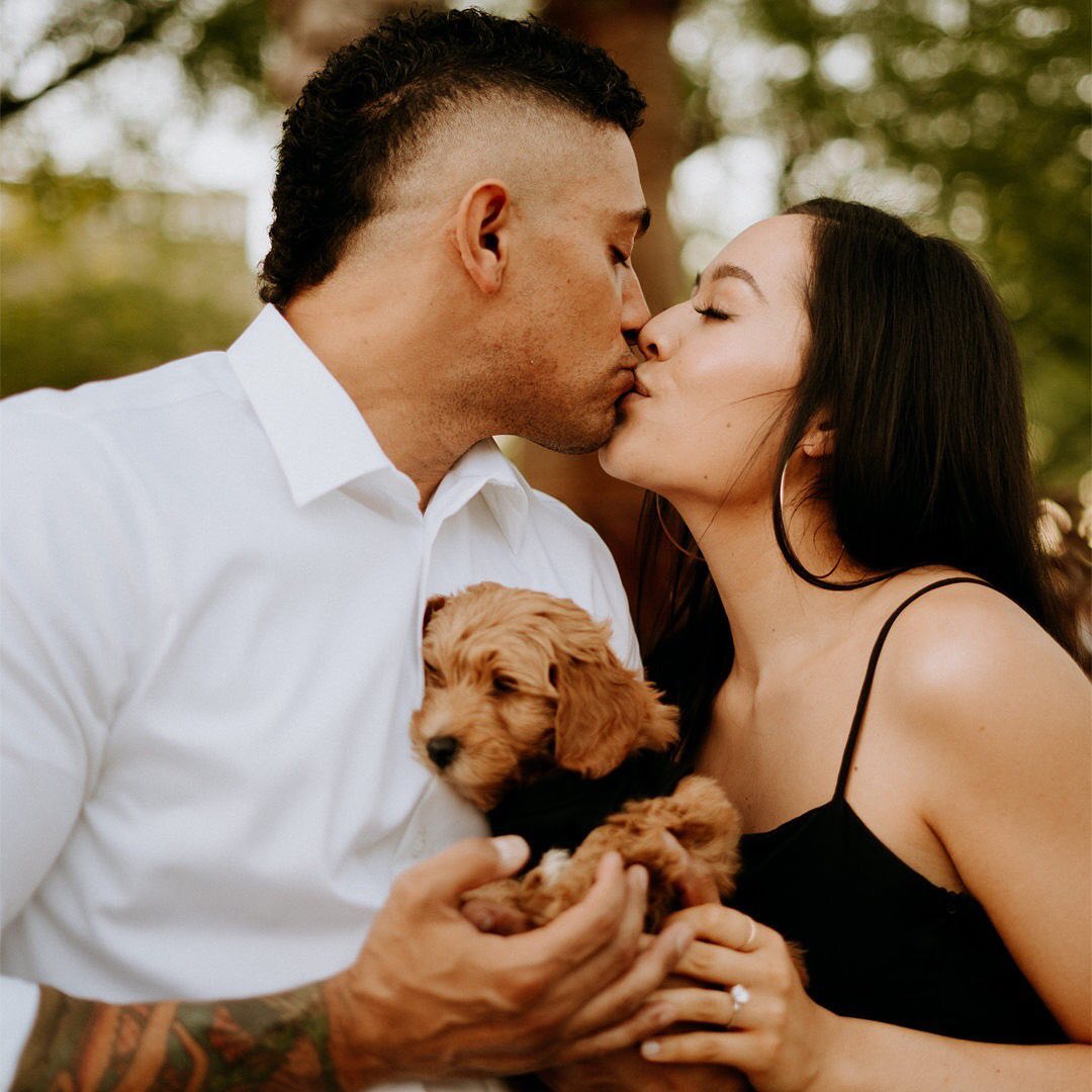 theknot's tweet photo. Happy #NationalDogDay! This pup-posal ended with a golden I-do-odle! 🐶💍 Congrats to these to-be-weds and new puppy parents. ❤️ 📸: Feel and Focus Photography https://t.co/ip5sEvHlc4
