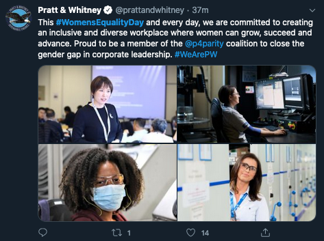 P&W is a member of the leftist activist coalition to pay everybody less so women can feel good.And according to the Joint Staff, "every Service member makes our Joint Force more capable", especially when they get pregnant underway on a 6 month carrier deployment.