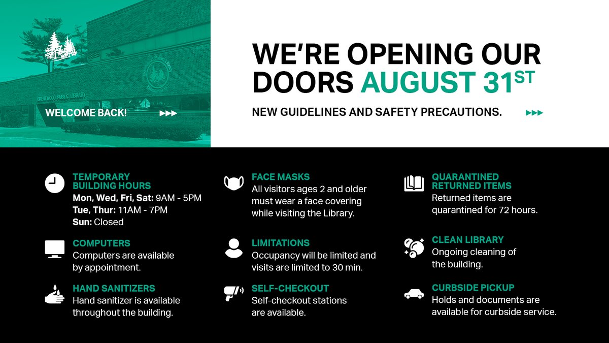 brenlibny's tweet photo. Beginning August 31, we will reopen our doors to patrons for browsing and borrowing! Contactless curbside pickup of materials will continue and computers are available by appointment. Register for a computer session at https://t.co/dZJLSXXQPj or call for assistance. https://t.co/XKAfGFgcOv