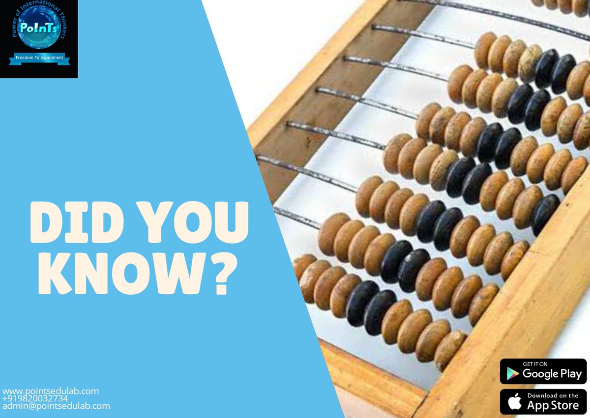 p_edulab's tweet image. The abacus is an ancient calculating machine. This simple apparatus is thought to have originated in Babylon about 5,000 years ago. Today, the abacus is still used commonly in Japan, China, the Middle East, and Russia.

Visit Website - pointsedulab.com