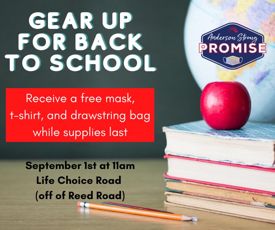 DTAnderson_SC's tweet photo. Join us & @AnMed_Health in making the Anderson Strong Promise! Come by Life Choice Ln (off of Reed Rd) on Sept. 1st at 11am for a free mask, bag, & t shirt while supplies last! #SeeShockCity #AndersonStrongPromise https://t.co/09W8T8nh1n