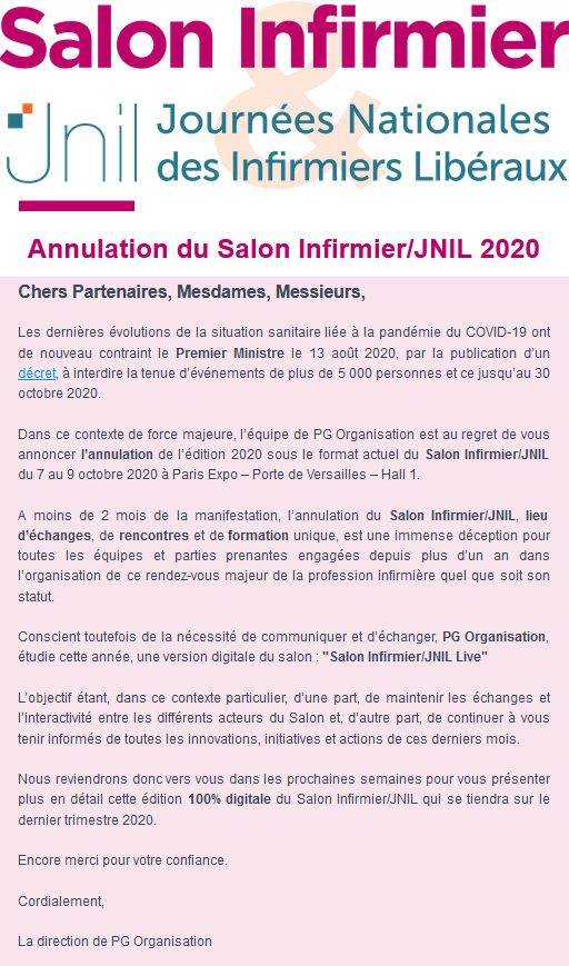 ⚠ ANNULATION DE #SI20 - #JNIL20 ⚠
 
En raison de la situation sanitaire liée au #COVID19, l’édition 2020 du Salon Infirmier/JNIL 2020 est annulée.
 
Toutefois, une version digitale du salon est à l’étude !
 
#salon #infirmiers #infirmières