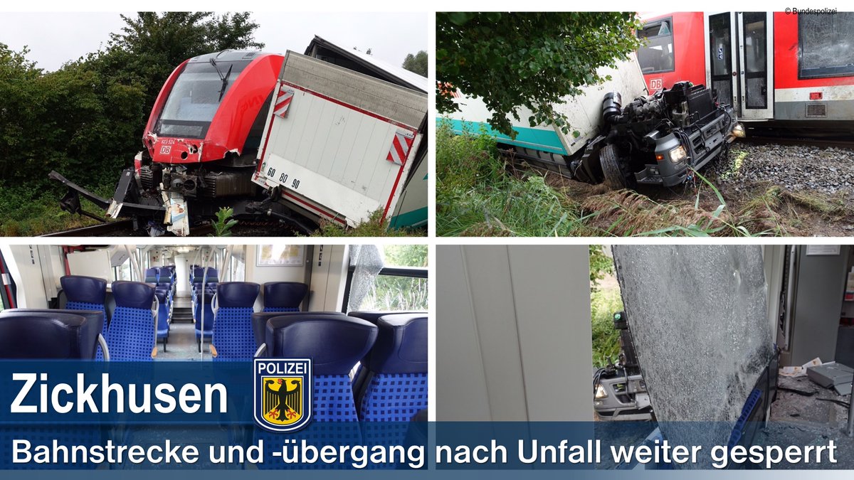 bpol_kueste's tweet photo. Nach einem Unfall einer Regionalbahn mit einem LKW an einem #Bahnübergang nahe #Zickhusen an der  Bundesstraße 106 in #MecklenburgVorpommern, sind die Bahnstrecke &amp; die #B106 für den Straßenverkehr gesperrt.

Mehr ➡️ https://t.co/WjXHL42TJ6 https://t.co/q1J5tfKmxZ