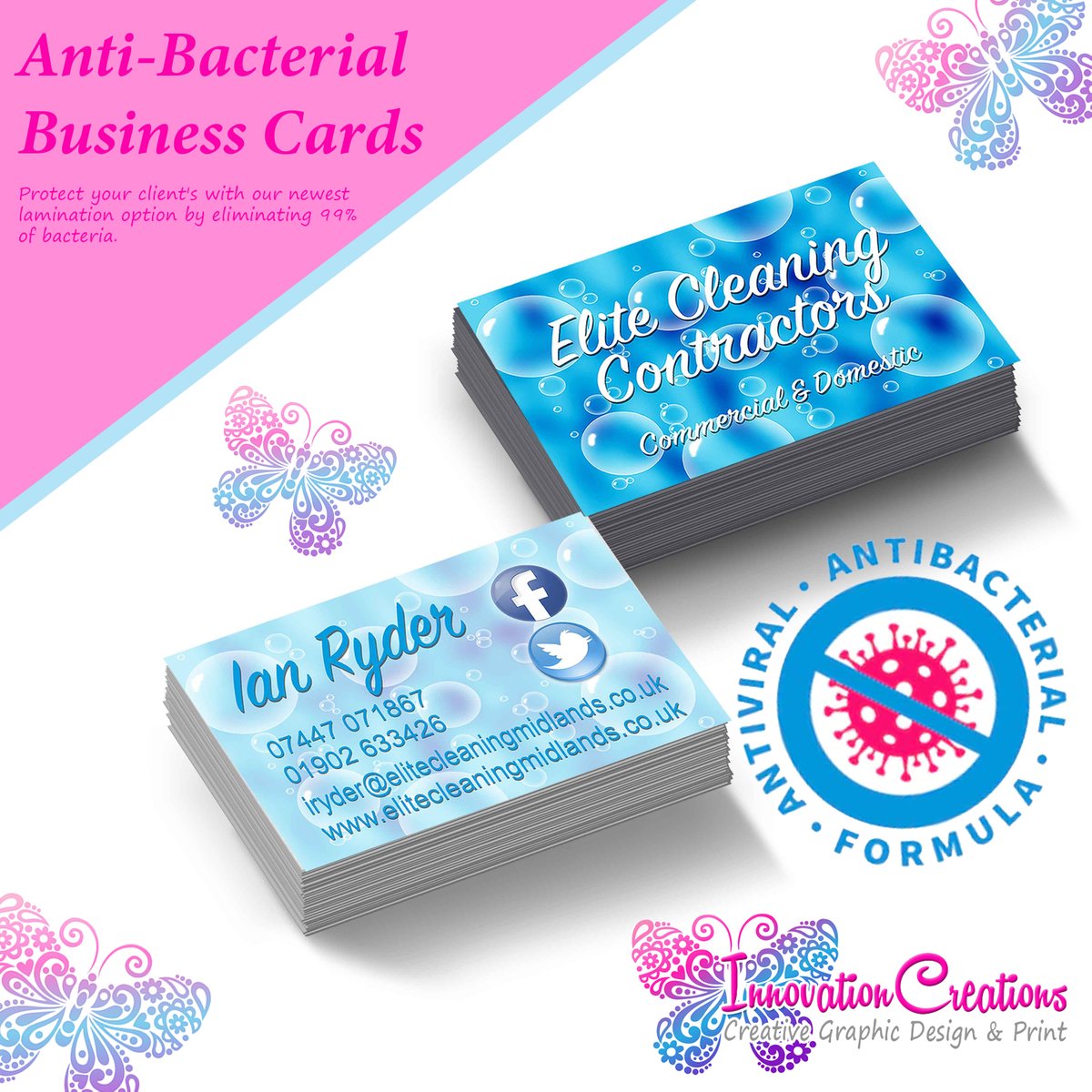InnoCreationsUK's tweet photo. We think you’re going to be pretty keen on this new innovation - New Anti-Bacterial #laminated #Businesscards 😃Not only does it protect your #print, it also protects people from any harmful bacteria on your business cards. For more info contact us now!🦄🦠 https://t.co/4UOZAIxFyo