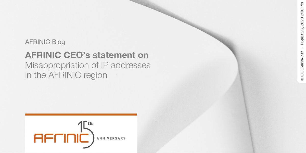 AFRINIC's tweet photo. Read our CEO's statement on Misappropriation of IP addresses in the AFRINIC region on our blog here>>https://t.co/jnrxa6LTU3

#wearafrinic #internet #tech #africa https://t.co/IjzkqA1JAc