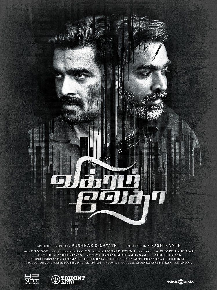 A neo-noir action thriller with R. Madhavan and Vijay Sethupati in lead roles."Vikram, a no-nonsense police officer, accompanied by Simon, his partner, is on the hunt to capture Vedha, a smuggler and a murderer. Vedha tries to change Vikram's life, which leads to a conflict."