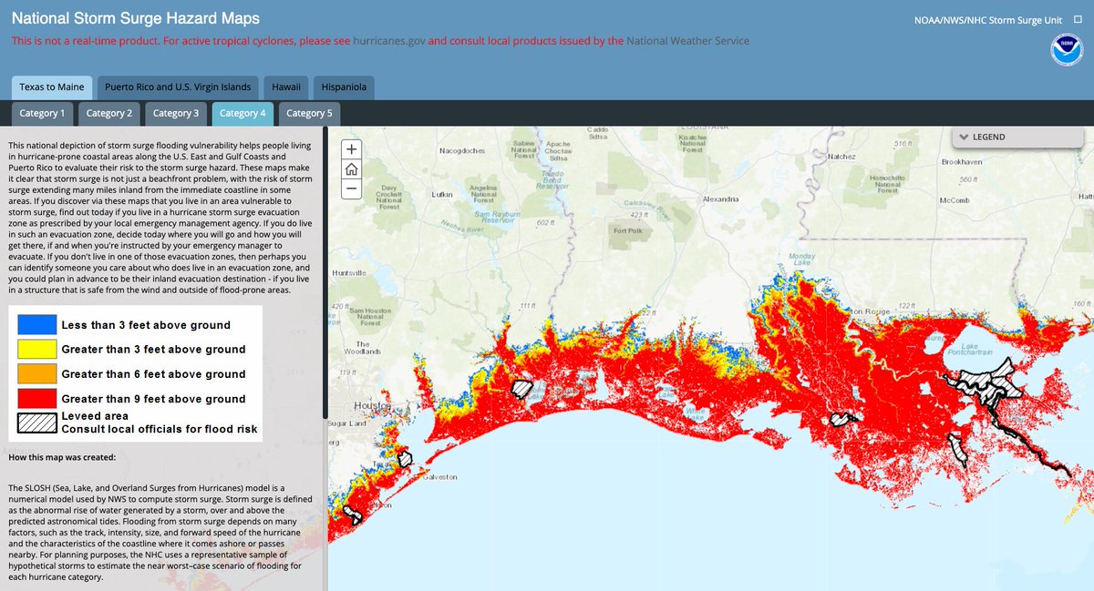 Revkin's tweet image. Hurricane #riskcomm tip: Pay attention to what matters on the ground. 

Get ready for breathless nonstop clickbait updates on #Hurricane #Laura&apos;s intensity. Cat 3. Cat 4! Stay tuned!

Look at the difference in Cat 3/4 coastal surge risk. Heed warnings! noaa.maps.arcgis.com/apps/MapSeries…