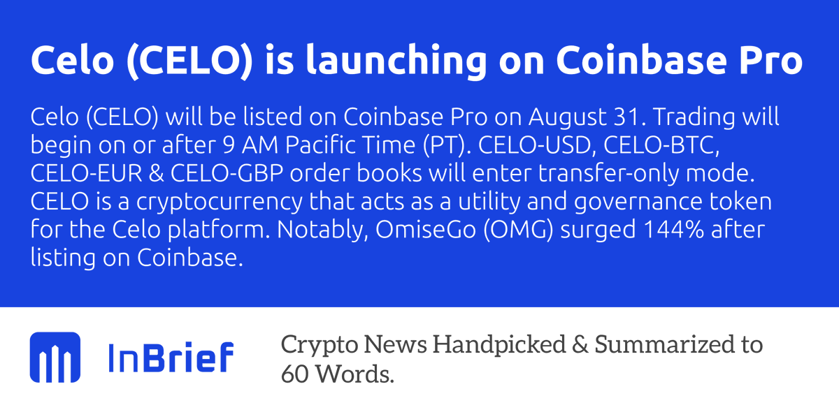 inbriefapp's tweet photo. CELO is launching on Coinbase PRO
Congrats - @CeloOrg #celo 
Source @CoinbasePro 

InBrief - Crypto News Handpicked and Summarized to 60 Words

Download the iOS app at
https://t.co/28g4aRShGT
Download the Android app at
https://t.co/Yq9Bbw0oWI https://t.co/utyd9o7Fr7