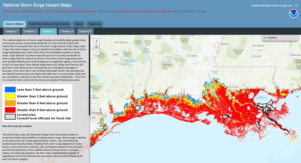 Revkin's tweet image. Hurricane #riskcomm tip: Pay attention to what matters on the ground. 

Get ready for breathless nonstop clickbait updates on #Hurricane #Laura&apos;s intensity. Cat 3. Cat 4! Stay tuned!

Look at the difference in Cat 3/4 coastal surge risk. Heed warnings! noaa.maps.arcgis.com/apps/MapSeries…
