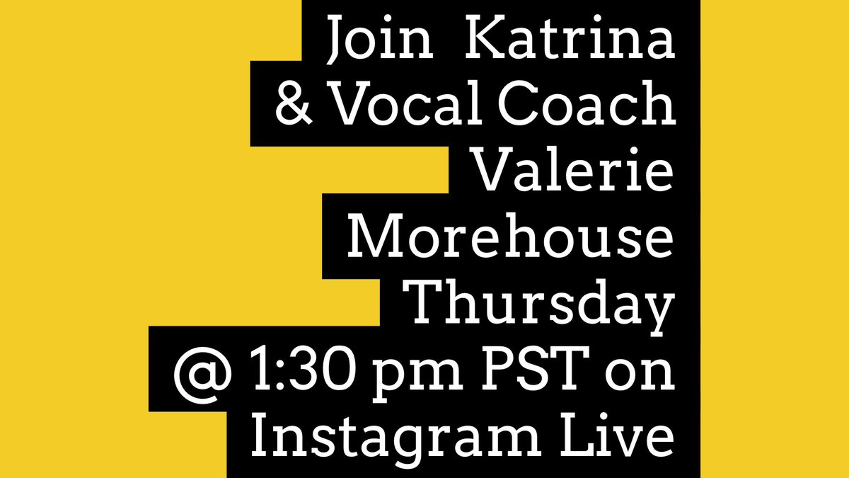 KatrinaMusic's tweet image. Join @KatrinaMusic &amp;amp; Vocal Coach @Val_Morehouse on @Instagram Live THURSDAY at 1:30pm PST.  [Watch] bit.ly/31sB770 #Singer #VocalLesson #Instagram
