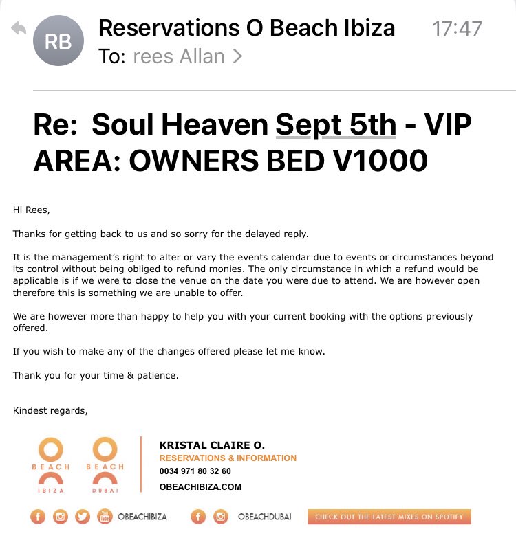 Rees_04's tweet photo. @OBeachIbiza the only place where management can just change what they sell you. Imagine walking into Ferrari, putting a deposit down and when you arrive to pick it up they give you a Skoda. “Management reserve the right to change/alter it so here’s your Skoda, sorry no refund” https://t.co/RC6nUZLMIV
