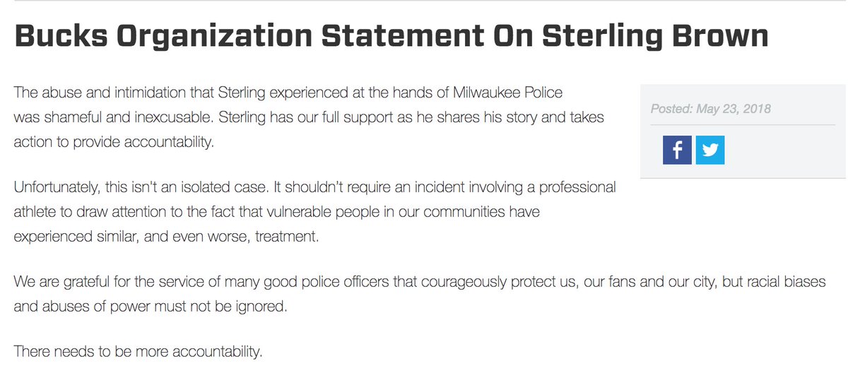 There was the statement the Bucks put out in response to the incident, which at the time went much further than any other team had gone in actually calling out the police misconduct/brutality  https://www.nba.com/bucks/news/bucks-organization-statement-sterling-brown