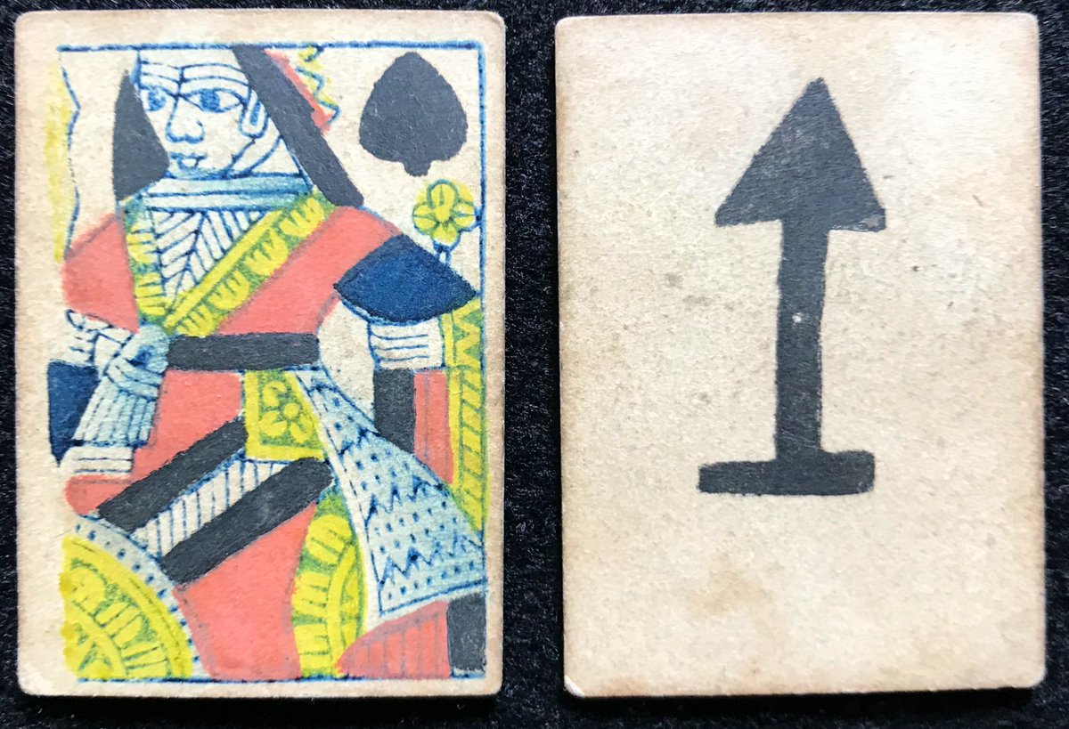 For this #woodcutwednesday, we have the Ace and Queen of Spades from a c.1814 English, toy-sized playing card deck with standing courts. 

For more pics and info on this early eighteenth century deck, follow the link: 
buff.ly/3aZkEKD
