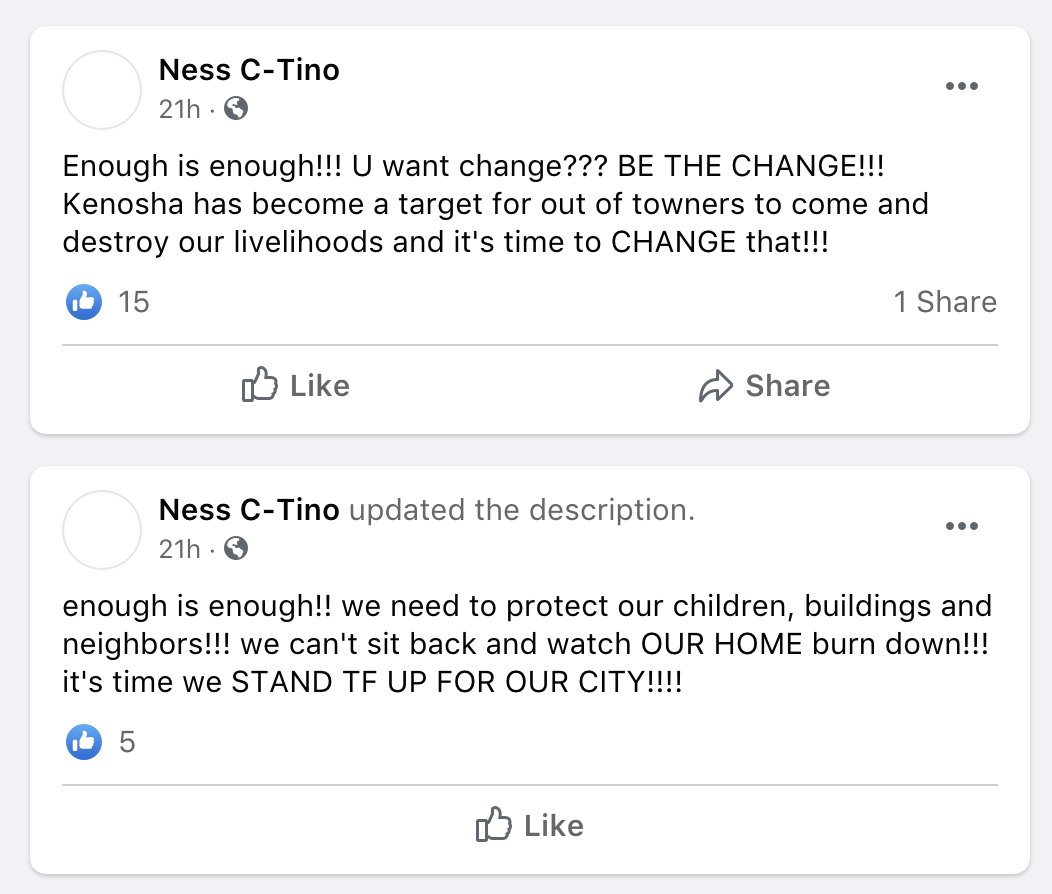 Less than 30 minutes after the Kenosha Guard page encouraged people to take up arms in Kenosha, a now-deleted Facebook group called STAND UP KENOSHA!!!! TONIGHT WE COME TOGETHER was created at 11:11 a.m. local time. (5/N)