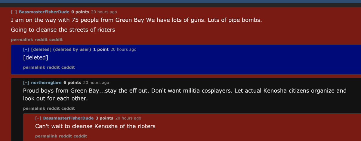 Meanwhile on reddit at 11:17 am, a now-deleted post in the r/Kenosha subreddit asked, “When do we start defending our city?” One user replied, “I am on the way with 75 people from Green Bay We have lots of guns. Lots of pipe bombs. Going to cleanse the streets of rioters.” (7/N)