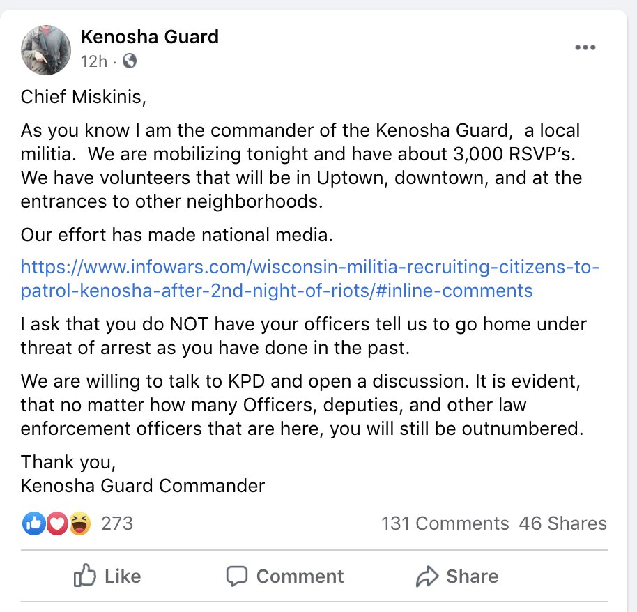 By 5:42pm. local time, “Kenosha Guard” posted an open letter in an attempt to reach out and warn Kenosha’s police chief, Daniel Miskinis, of their intentions that evening. (9/N)