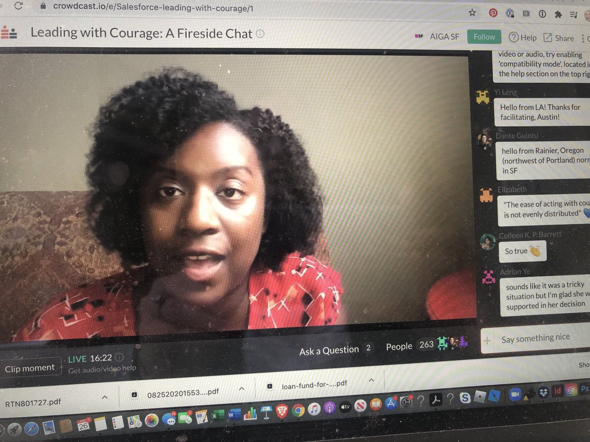 dawnzidonis's tweet image. Leading with Courage fireside chat happening right now with ⁦@AIGASF⁩ ⁦@SalesforceUX⁩ w/ Kim Campbell ⁦@blackgeektweet⁩ @sundaytakesbart Austin Anderson, Danielle Berg #relationshipsbydesign #leadingwithcourage #salesforcedesign
