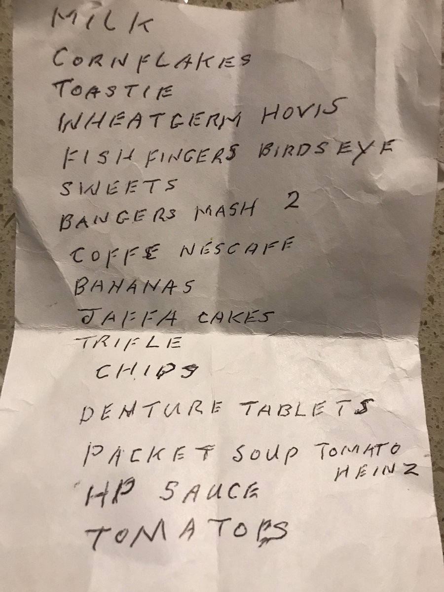 Benefit of occasional gig on trolley duty is the window into the world of strangers and their shopping lists. I particularly like the people who write ‘shopping list’ at the top.