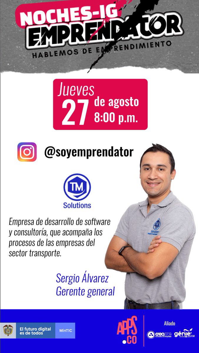 tmsolutionssas's tweet photo. Mañana a las 8:00 p.m por el Instagram de SoyEmprendator y no se pierdan a nuestro Gerente General, Sergio Álvarez, hablando sobre cómo transitar por el camino del emprendimiento. Los esperamos! 
@AppsCo https://t.co/7iPvlZH8Bw
