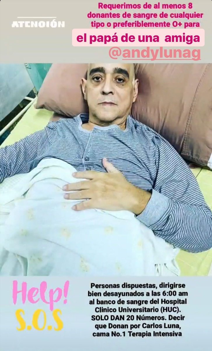 EdmalyMT's tweet image. Se necesita URGENTE donantes de sangre para CARLOS LUNA, paciente con plaquetas sumamente bajas.

Hospital Universitario de Caracas, en el banco de sangre, Cama 1 en Terapia Intensiva, asistir desde las 6am, solo entregan 20 nros, ir desayunados. Cualquier tipo de sangre.