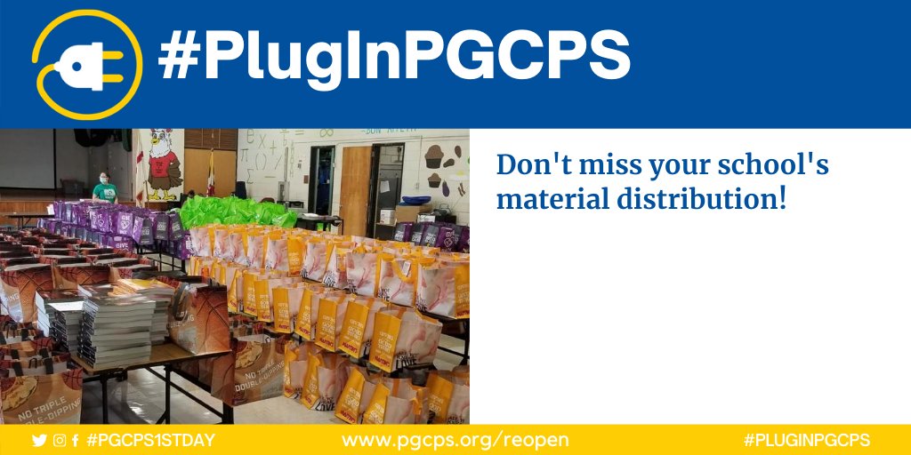 pgcps's tweet image. Distribution of learning materials, including textbooks, instruments, devices and more is underway! 

Look for correspondence from your school/ check school website for assigned pickup days and times. 

Miss a distribution? Contact your school to make arrangements. #PlugInPGCPS