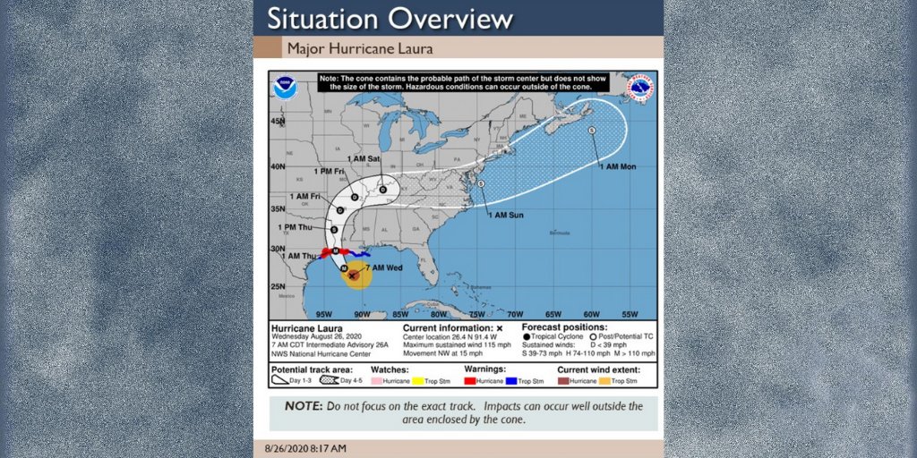 We are closely monitoring #HurricaneLaura as it approaches the continental U.S. #MdWx

At this time, we encourage all residents to continue to monitor the storm. We will continue to make more information available as the forecast evolves. 

#WeatherAware #KnowYourZone #WeCare