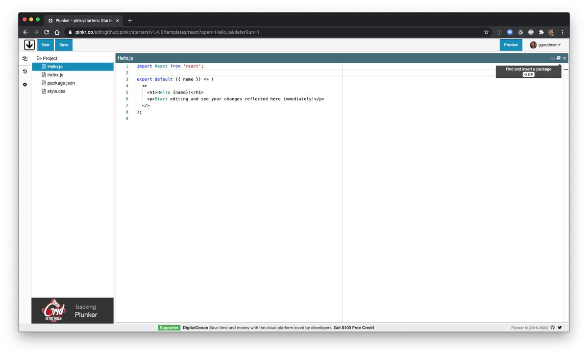 plnkrco's tweet photo. @AmyBlankenship @PrettierCode Hi Amy, I guess we need to work on the discoverability for modules! You can add dependencies via Cmd-Shift-P (or via the book icon in the titlebar of a code pane). Hope this helps! https://t.co/b4H3rvaquD