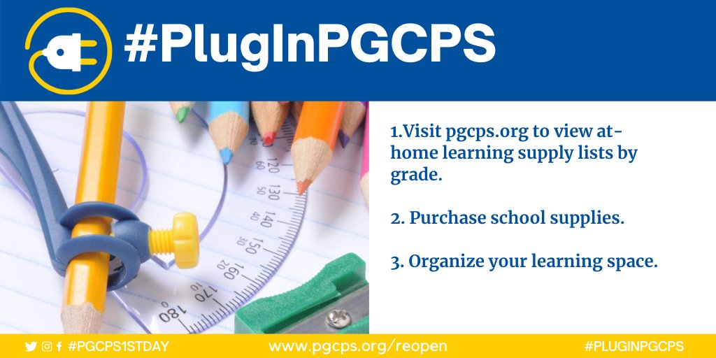 pgcps's tweet image. #PGCPS1stDay is Monday, August 31! View a list of at-home learning supplies at pgcps.org/school-supplies. #PlugInPGCPS