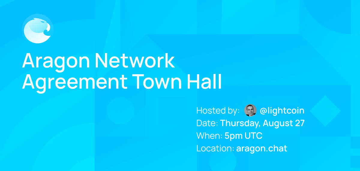 AragonProject's tweet photo. How do you protect minorities in a token-governed DAO? 

Explore this question with us in an Aragon community town hall tomorrow, August 27, 5pm UTC, to discuss the current draft of the Aragon Network Agreement.

Join the town hall at https://t.co/GTi8gD6Bmb https://t.co/JZbdJeKNTy
